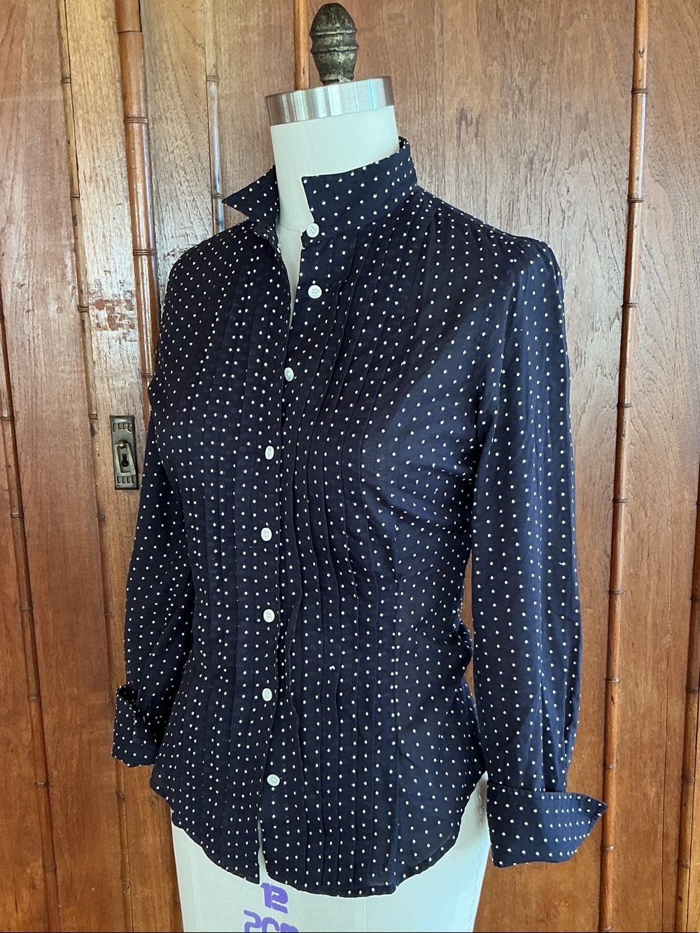 Classic J Crew Pin Tucked Cotton Navy Polka Dot Button-Down Shirt